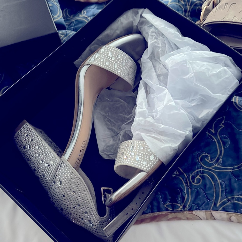 Shiny studded ankle strap elegant Heels